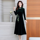 丝绒连衣裙中老年墨绿色显瘦改良旗袍裙 高贵气质大码 新中式 妈妈装