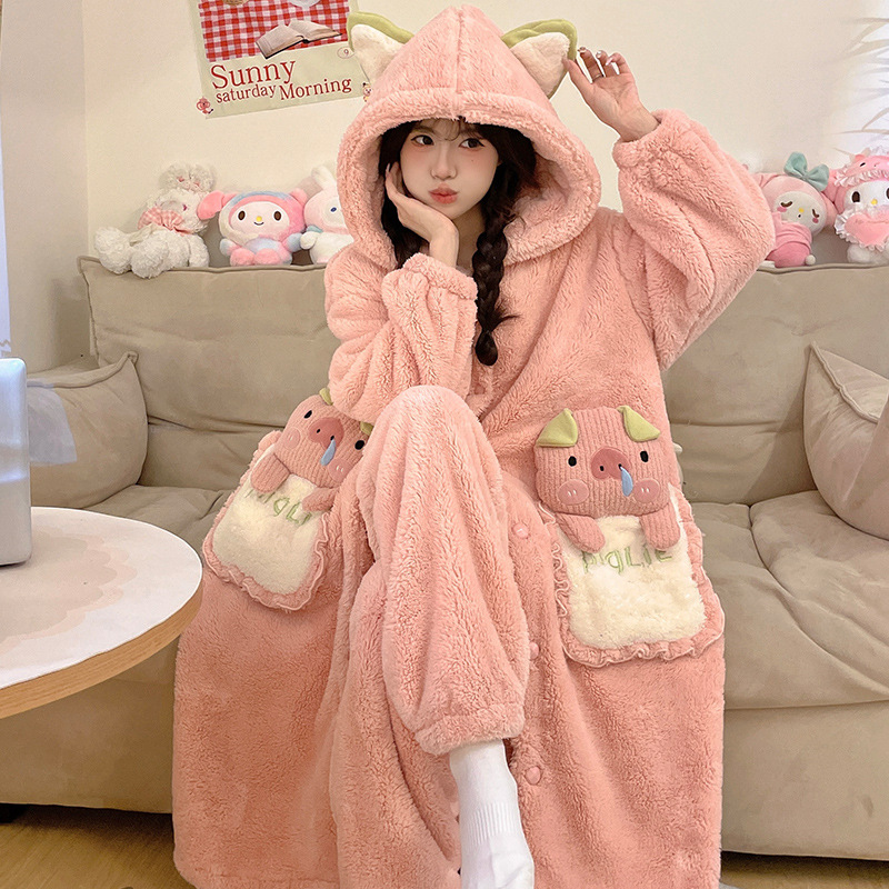 春儿浴袍睡衣女秋冬季珊瑚绒加绒加厚冬天长款连帽睡袍家居服晨袍