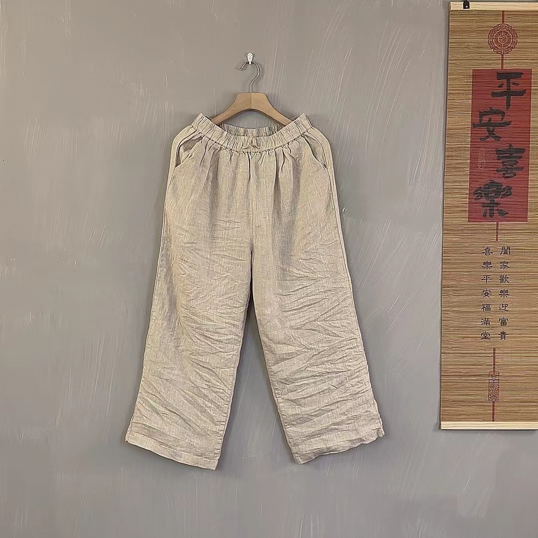 秋款砂洗亚麻休闲长裤直筒裤通勤休闲裤