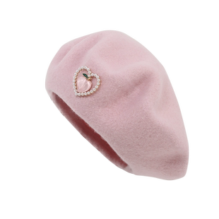 可爱粉色桃子珍珠装饰贝雷帽甜美女生淡粉扁款法式羊毛秋冬天帽子