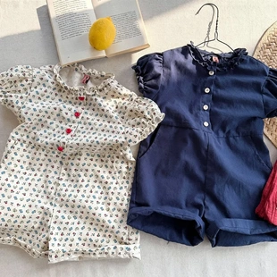 碎花连体裤 织里女童韩版 夏装 短袖 荷叶边连身衣休闲连体衣 短裤