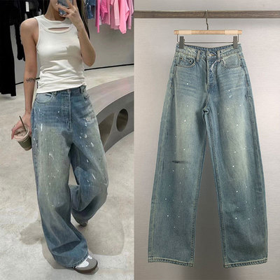 工厂直供AC款做旧脏染泼墨油漆涂鸦阔腿长裤女高腰显瘦百搭拖地