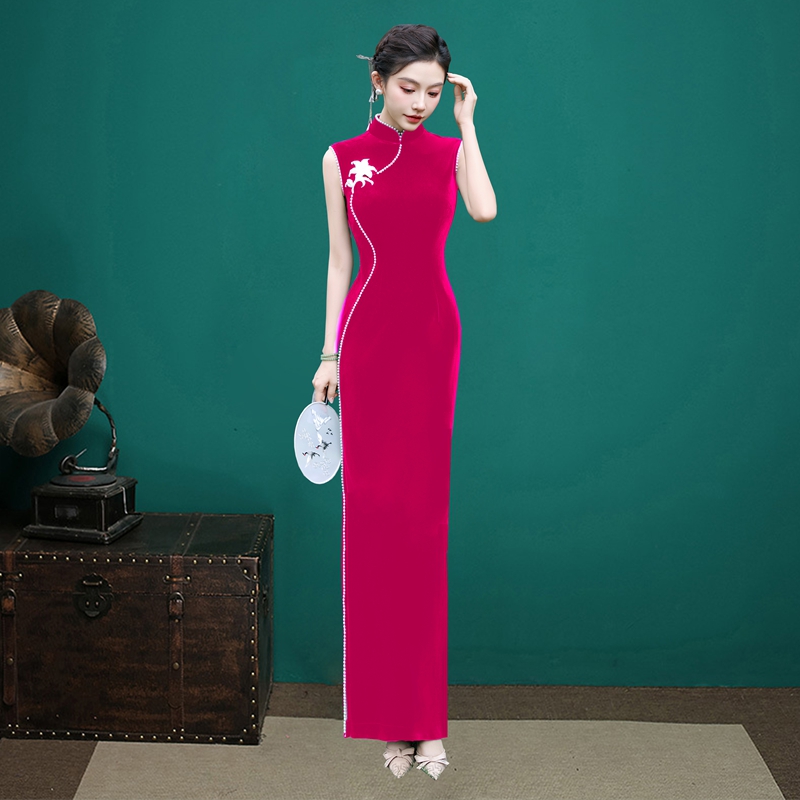 高端金丝绒玫红年轻长款走秀旗袍