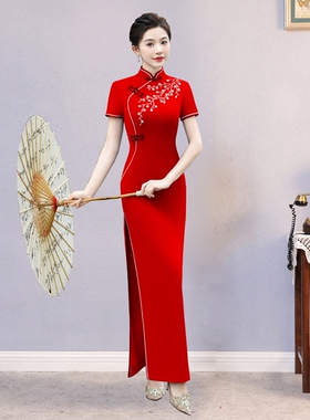 高弹力走秀旗袍长款复古改良红色中国风2026年新款表演出服连衣裙