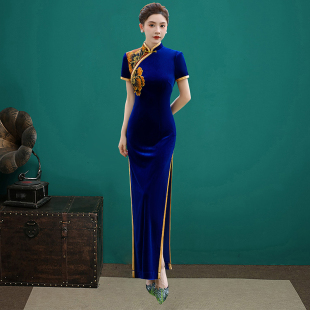 高弹力丝绒走秀旗袍长款优雅2026夏高端刺绣舞台演出服旗袍连衣裙