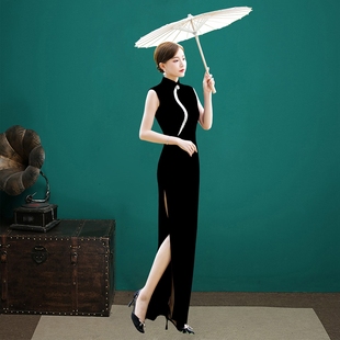 高端丝绒走秀旗袍裙2026新款秋冬高弹力年轻长款优雅舞台演出服女