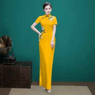 舞台服装 走秀旗袍复古改良演出服修身 显瘦弹力免烫高端刺绣长款