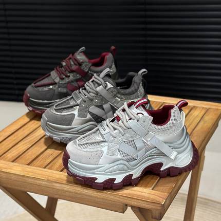 增高7cm小个子真皮老爹鞋女鞋水钻网鞋厚底轻便显腿长休闲运动鞋