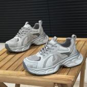 女鞋 新款 爆款 灰色真皮老爹鞋 网面透气网鞋 2025春季 网面透气休闲鞋