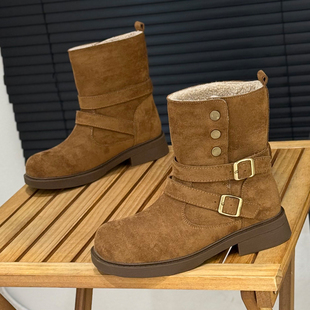 西部牛仔靴女2025新款 加绒粗跟中筒靴子网红皮带扣两穿骑士靴 冬季