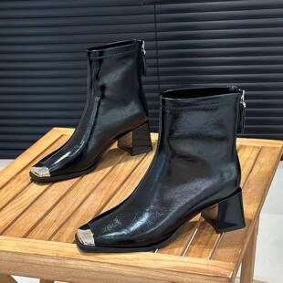 法式加绒方头短靴女增高6cm粗跟靴子秋冬配裙子瘦瘦靴保暖时装靴