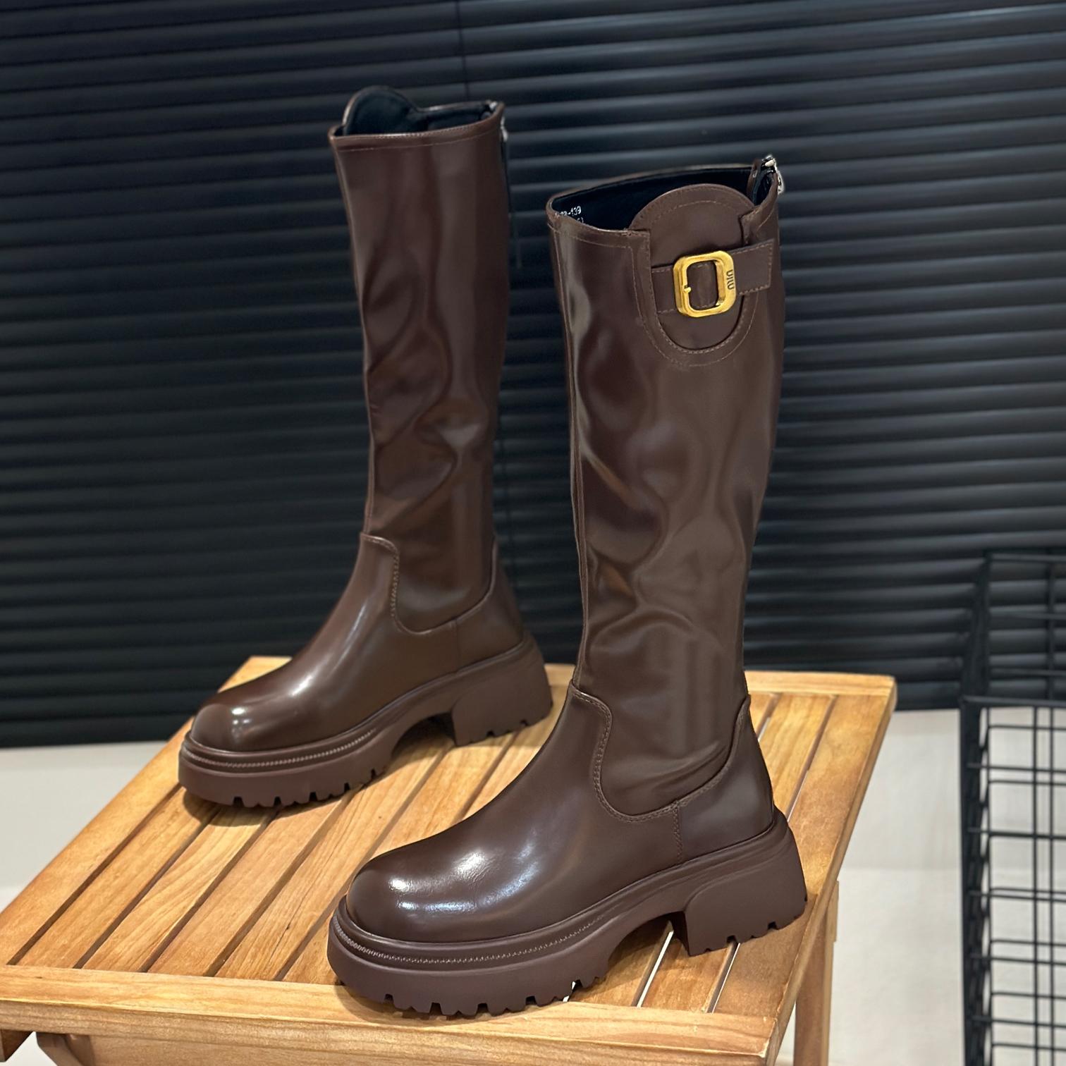 圆头棕色弹力瘦瘦靴高筒骑士靴子