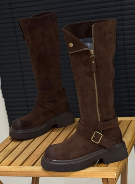 绒面粗跟高筒骑士靴女2025秋冬不过膝长靴子网红皮带扣西部牛仔靴