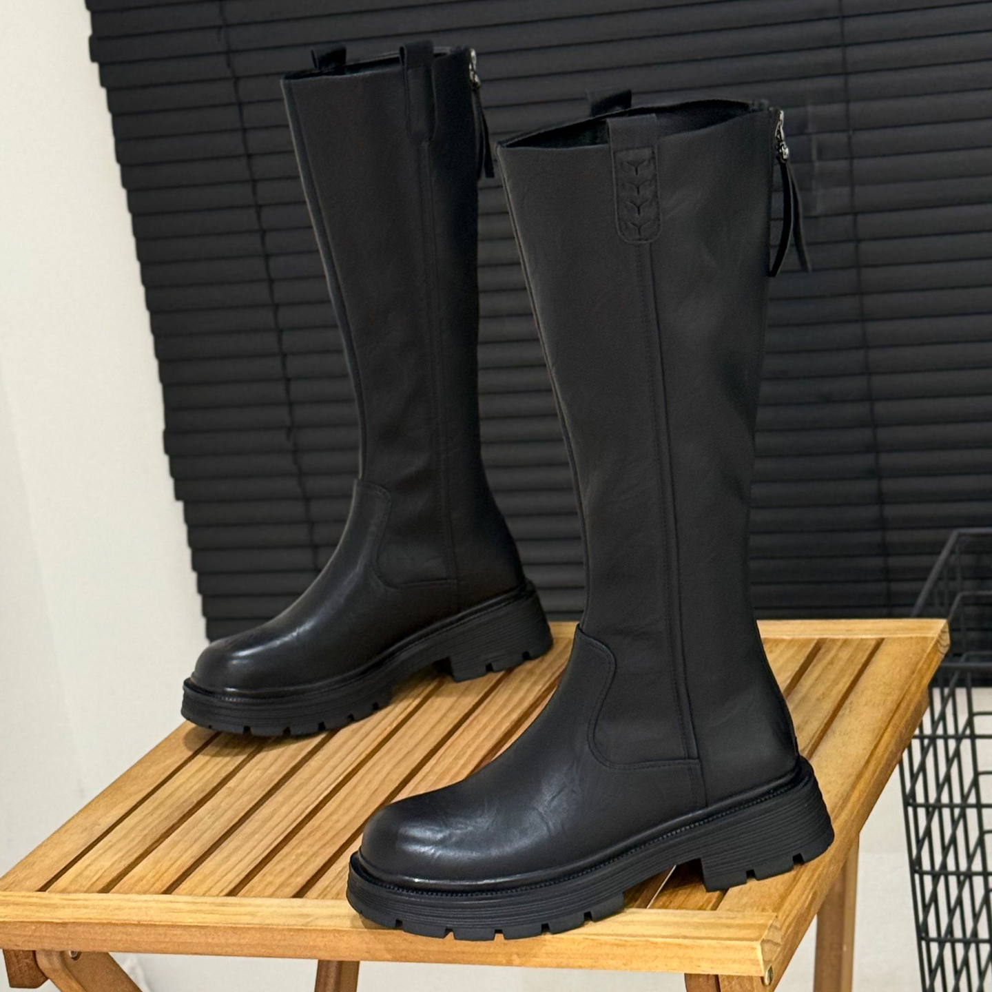 不过膝长筒靴冬季加绒粗跟骑士靴