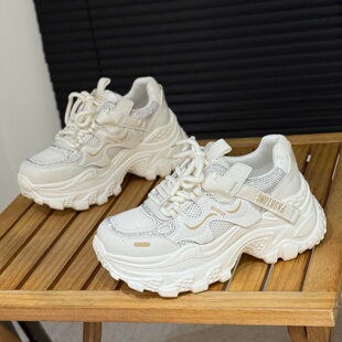 女2026年新款 运动休闲鞋 夏季 子时尚 镂空7cm增高鞋 烫钻厚底老爹鞋