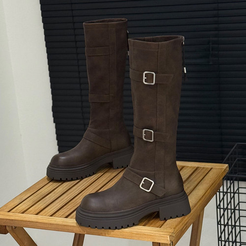 复古皮带扣长靴不过膝粗跟骑士靴