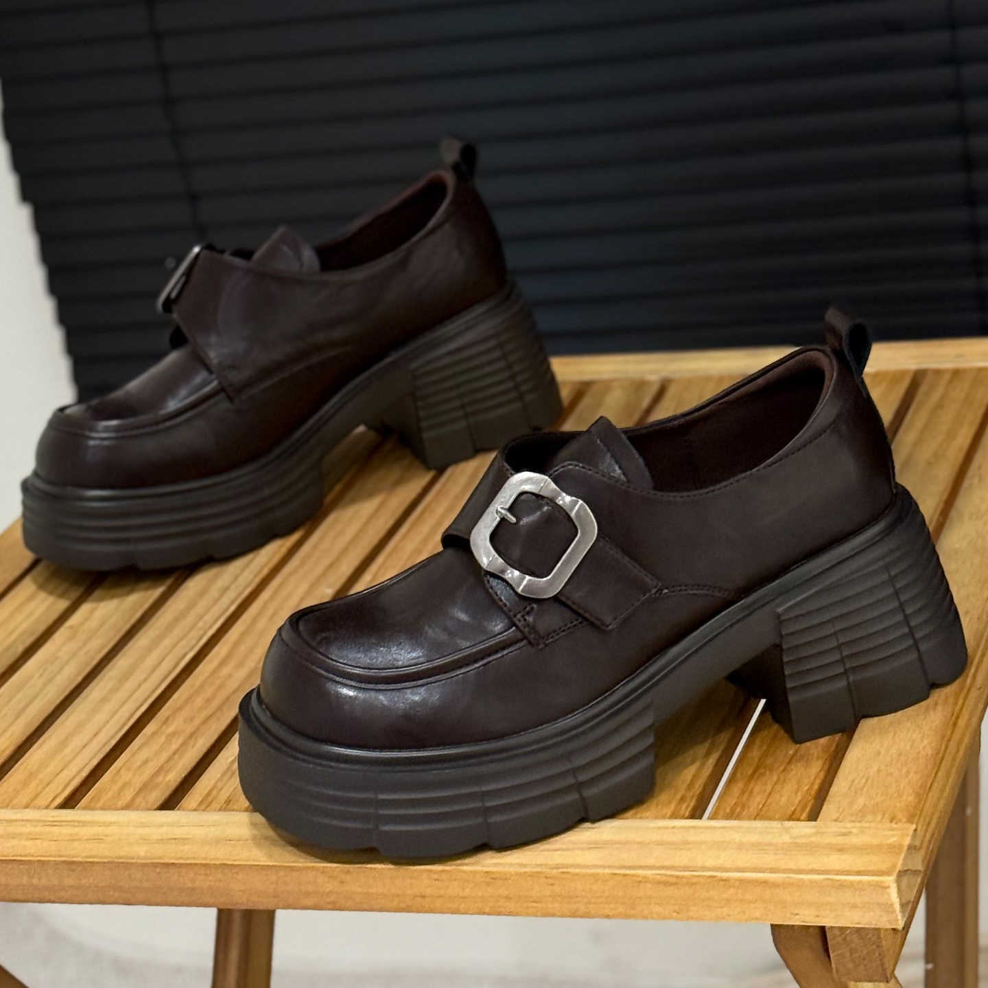 7cm增高粗跟乐福鞋女一脚蹬单鞋