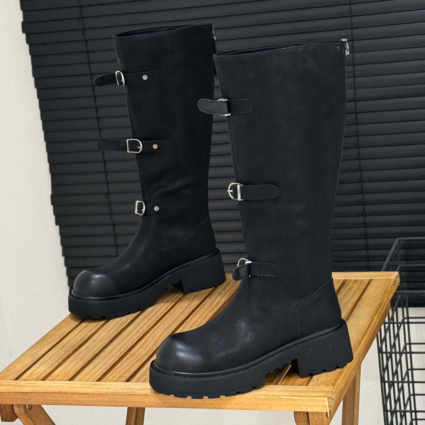 皮带扣粗跟骑士靴女不过膝长筒靴