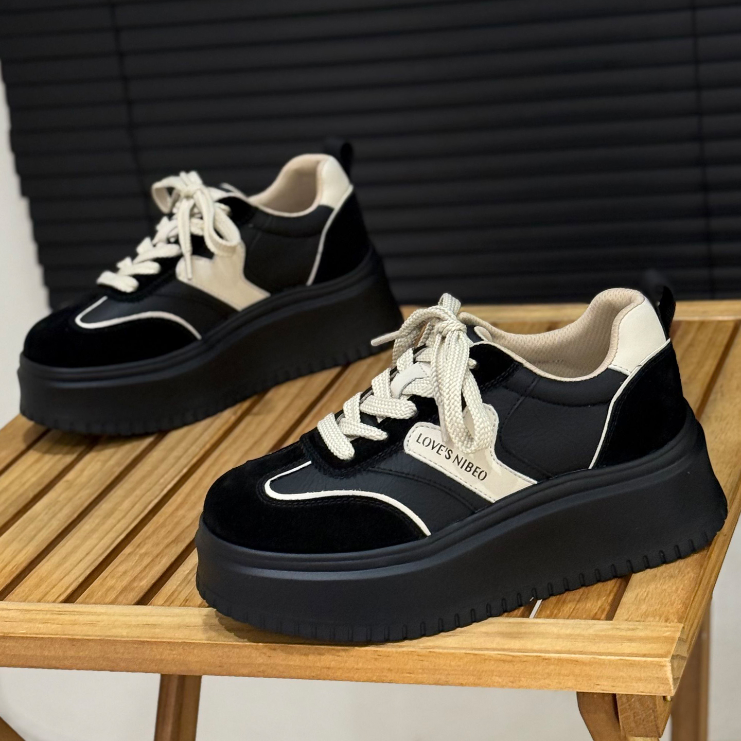 6cm增高厚底黑色真皮小白鞋板鞋