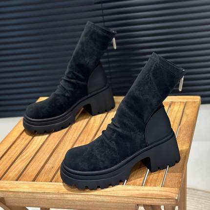 网红堆堆靴女靴7cm高跟小个子弹力瘦瘦靴2025秋冬加绒切尔西短靴