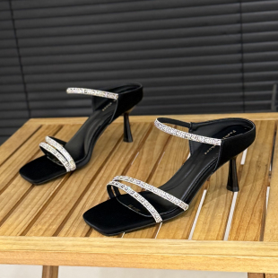 时尚 新款 露趾性感风高跟凉拖 女2026年夏季 7cm细跟水钻一字带拖鞋