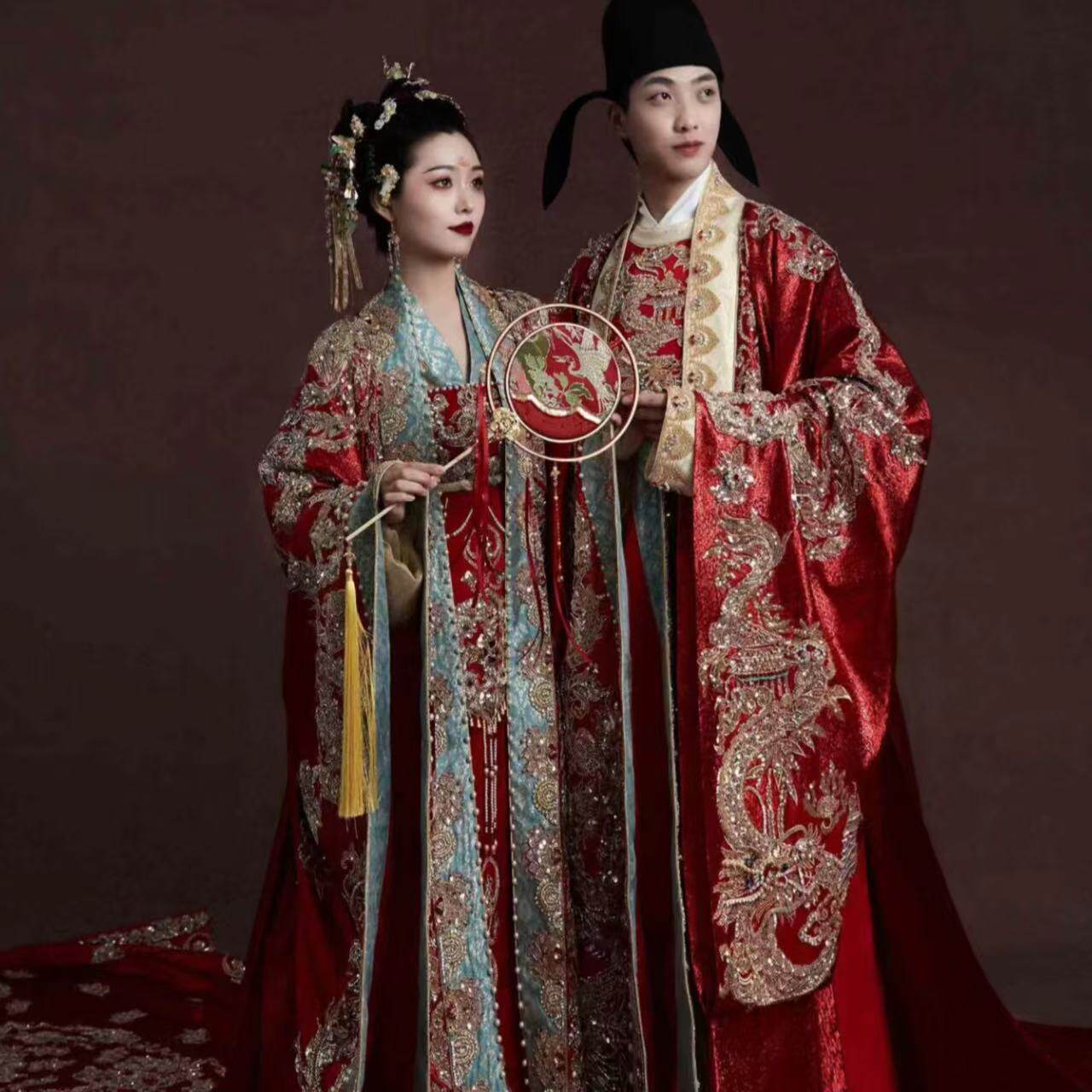出租倒叙正版唐制中式婚服婚礼仪式拖尾重工汉服男女胖MM富贵