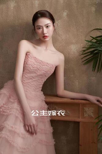 出租法国兰斐LAFINE设计高定粉色公主礼服气质蛋糕裙新娘结婚租赁