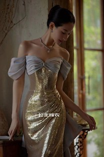 出租小众设计师SUSHER苏设【琉光】气质新娘敬酒迎宾礼服鱼尾金色