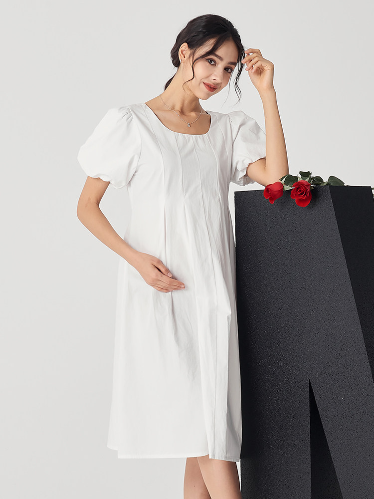 MASANON MATERNITY SUMMER THIN SKIRT 2025 NEW SUMMER DRESS FRENCH PUFF SLEEVE WHITE DRESS WOMEN