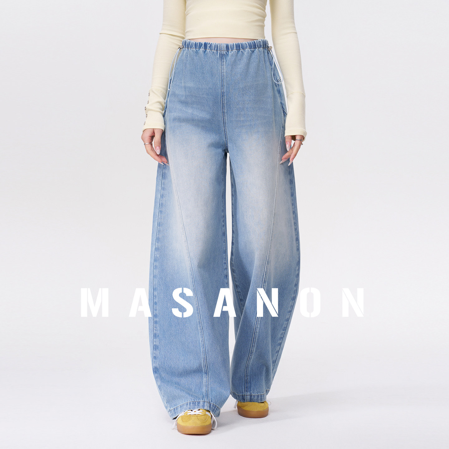 MASANON孕妇牛仔裤2026新款春装小个子阔腿裤孕期美式弯刀裤春秋