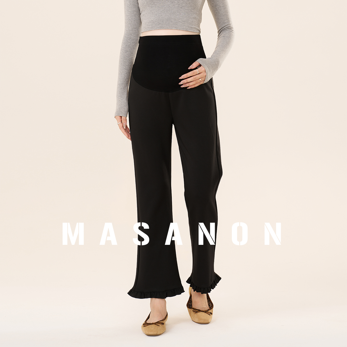 MASANON孕妇九分花边喇叭裤秋季