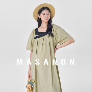 孕妇裙夏季2026新款法式方领短袖连衣裙孕期小个子宽松长裤子夏装