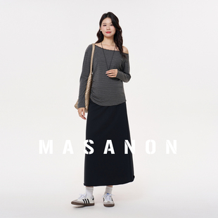 MASANON孕妇套装春装条纹花边斜肩上衣孕妈高级穿搭早春季半身裙