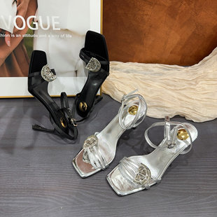 新品 夏季 时尚 方头气质小众高跟鞋 女细高跟一字带水钻凉鞋 7219