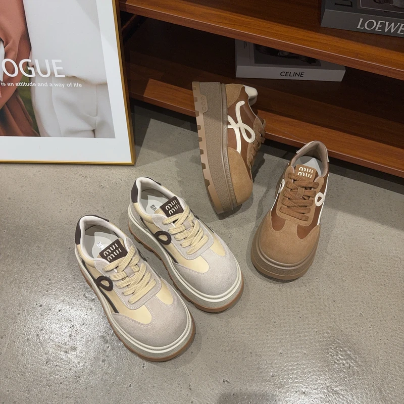 866-3秋季新品女真皮松糕厚底板鞋轻盈增高时尚系带休闲鞋网红款