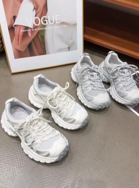 9666-13夏季新品女真皮拼接网面厚底老爹鞋系带休闲鞋韩版增高5cm