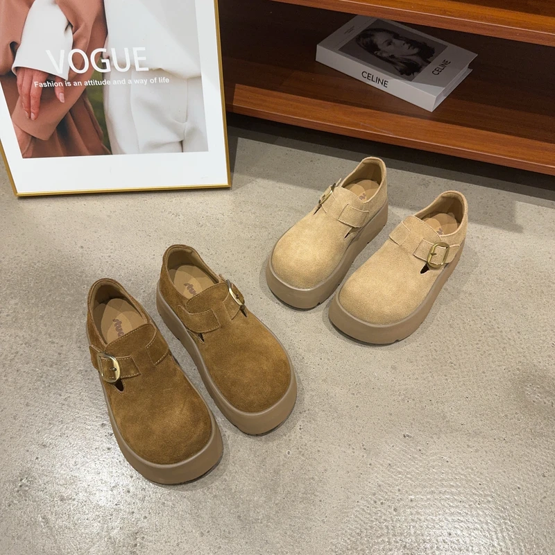 301-8秋季新品女真皮厚底增高勃肯鞋一脚蹬乐福鞋小个子潮