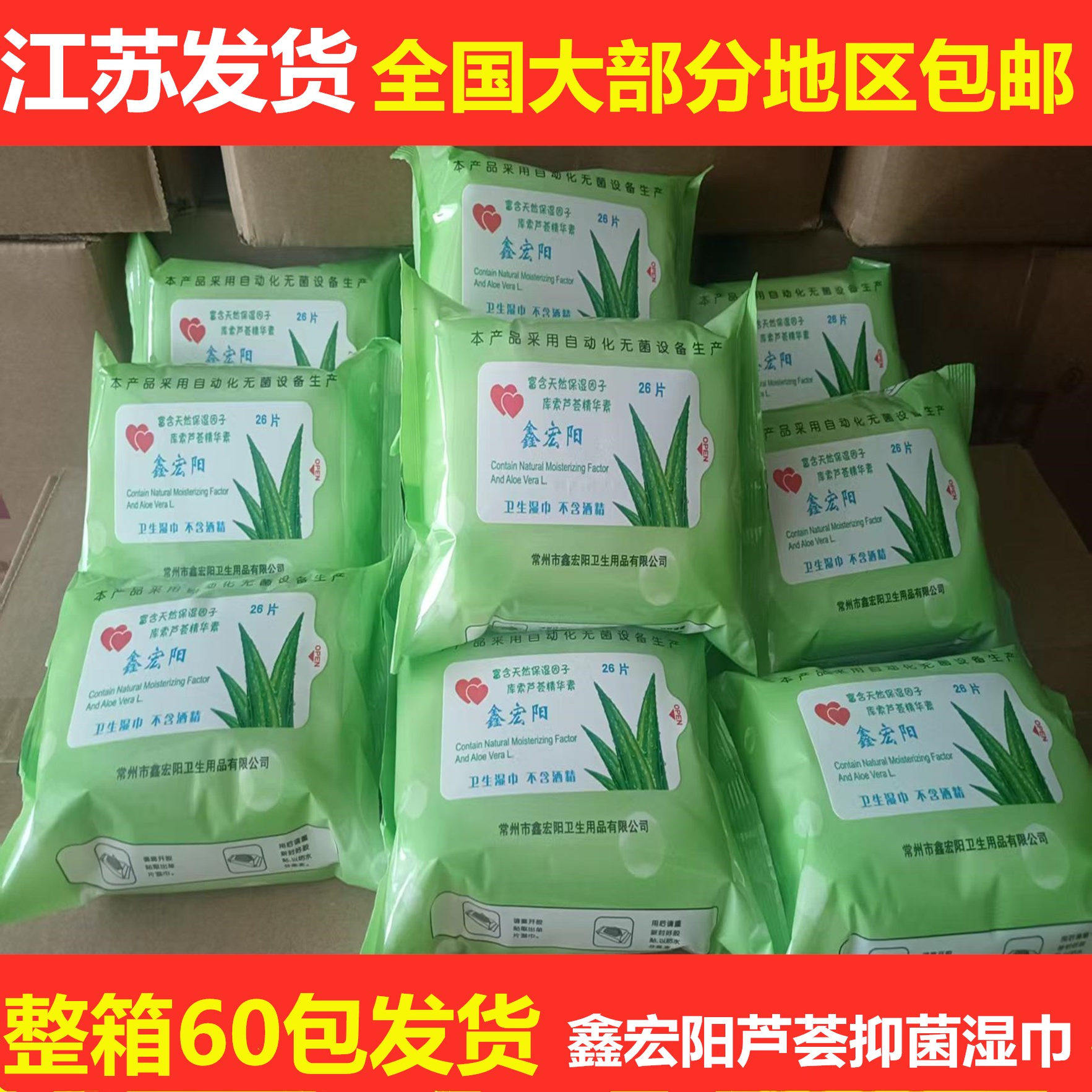 鑫宏阳卫生湿巾 芦荟味湿巾纸清洁杀菌护肤湿纸巾1箱60包1袋26片