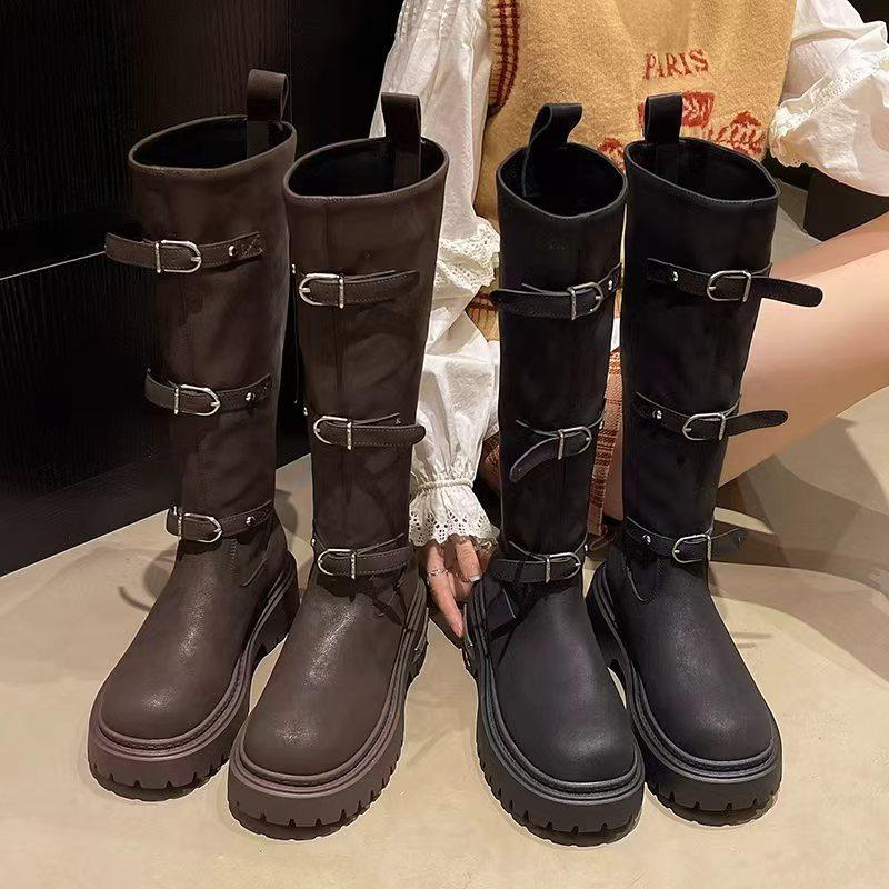 厚底骑士靴女加绒2025冬季新款复古机车皮带扣不过膝显瘦高筒长靴