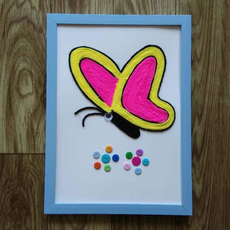 幼儿园手工课材料包 毛线扣子粘贴画 创意新奇diy玩具贴画 粉蝴蝶