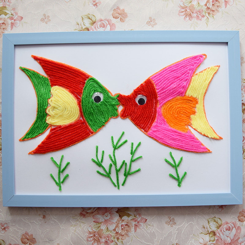 儿童益智手工diy创意黏贴趣味亲子手工贴画 亲嘴鱼毛线画a4成品画