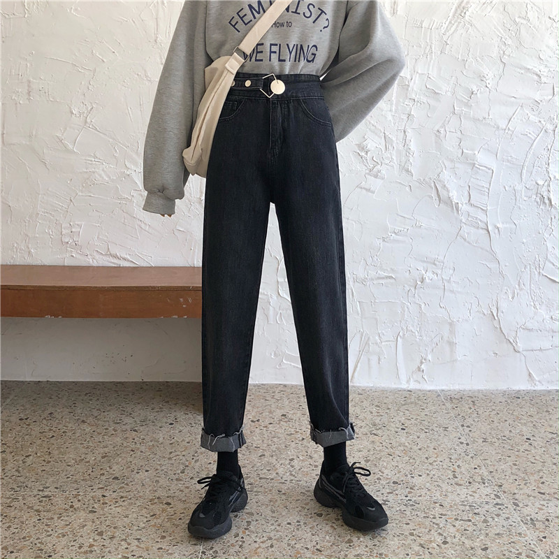 Real photo black grey jeans women's high waist net red daddy pants loose wide leg harrow