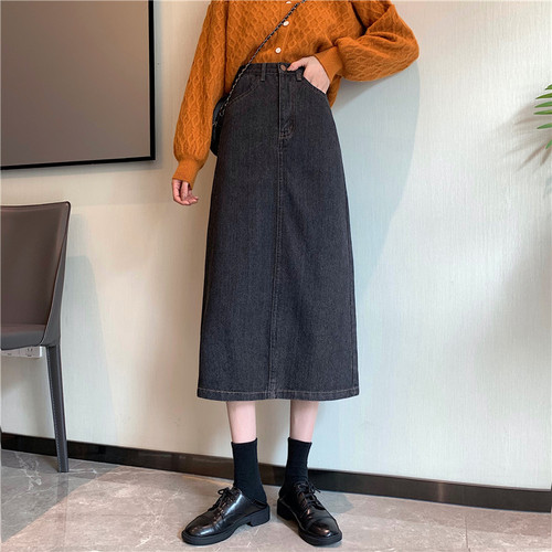 Real price retro Hong Kong flavor medium and long high waist skirt is thin, split hip denim skirt, female