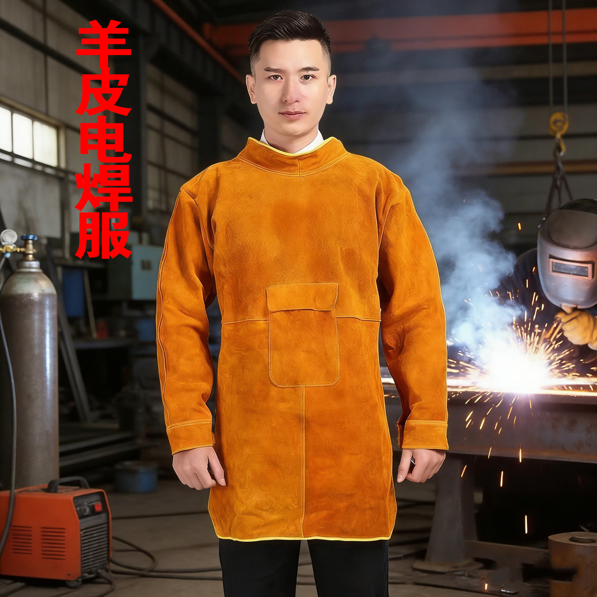 羊皮电焊服男长款防护服黄色连帽焊接工作服中国风