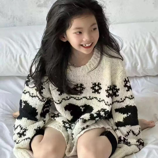 波拉韩国童装男女童套头针织衫2025秋冬新款萌趣刺绣毛衣韩版