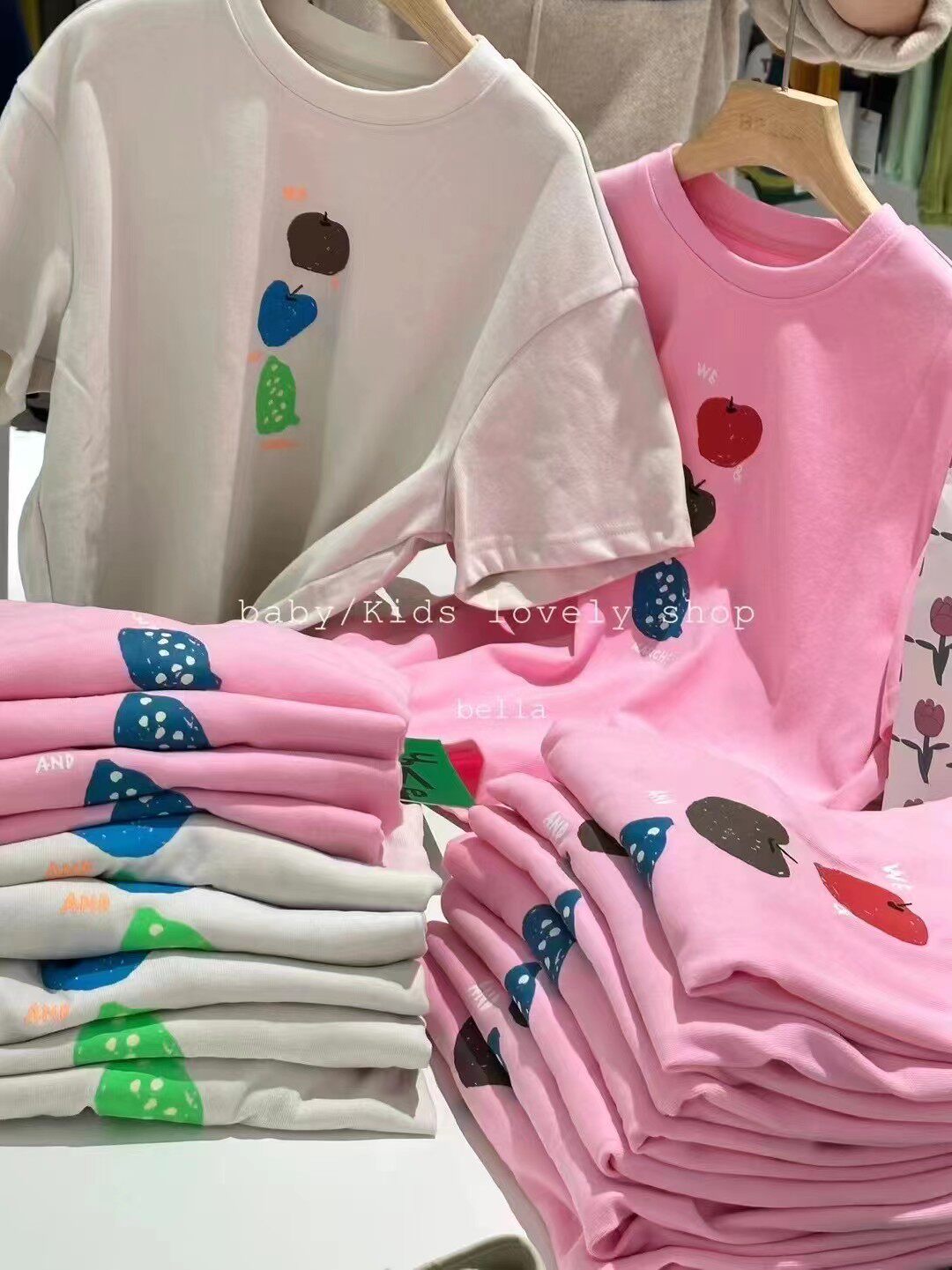 波拉韩国童装儿童纯棉短袖粉色上衣2024夏装男女童洋气亲子t恤衫