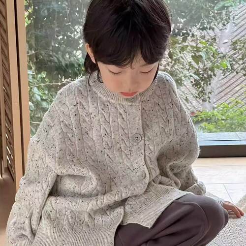 现货波拉韩国儿童装羊绒衫毛衣春秋季新款女童韩版圆领开衫羊毛衫