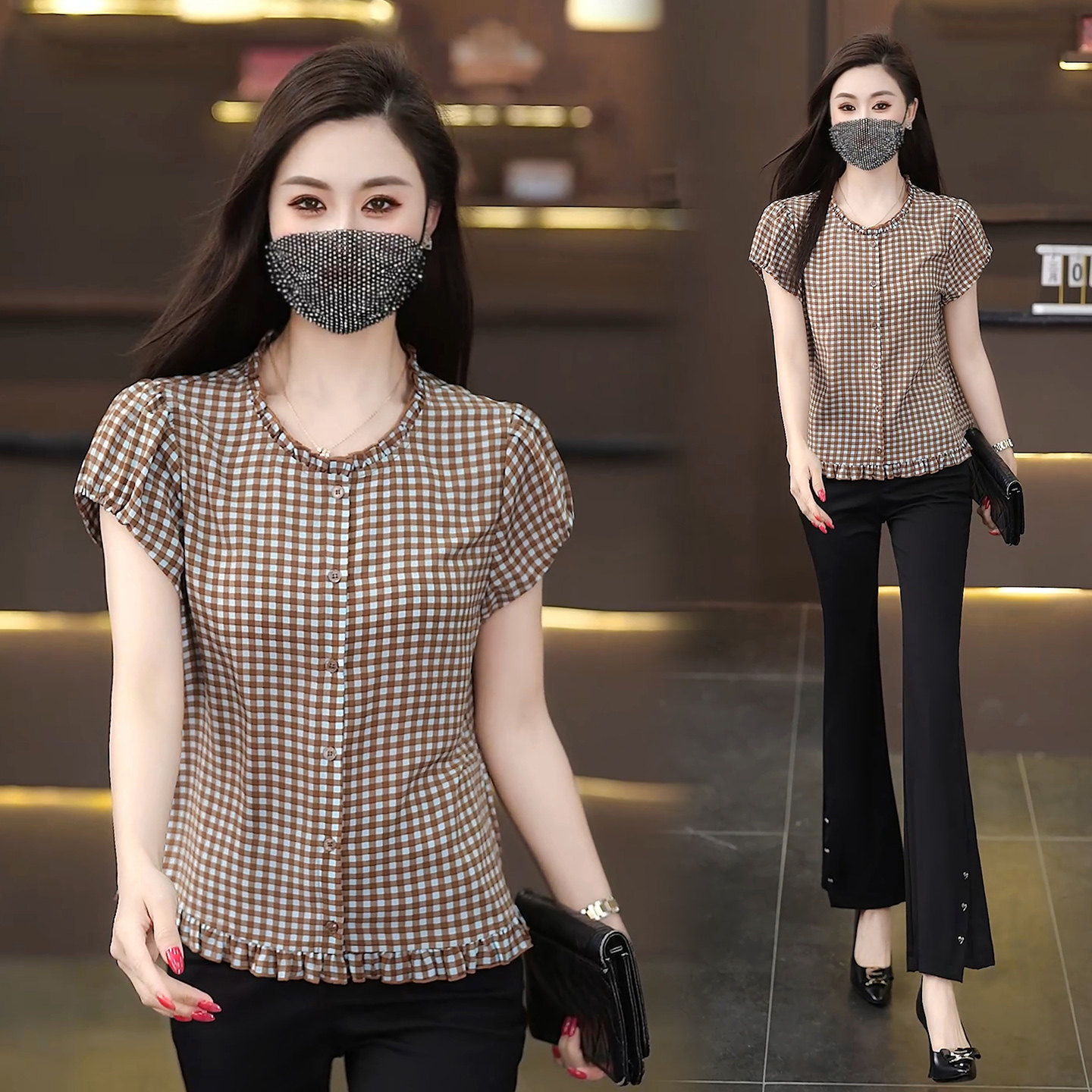 气质减龄花边立领小格子短袖衬衫飞飞袖荷叶边衬衣2026女夏季新款