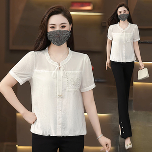 木耳花边圆领系带短袖衬衫宽松遮肚子下摆松紧收口衬衣女夏季新款