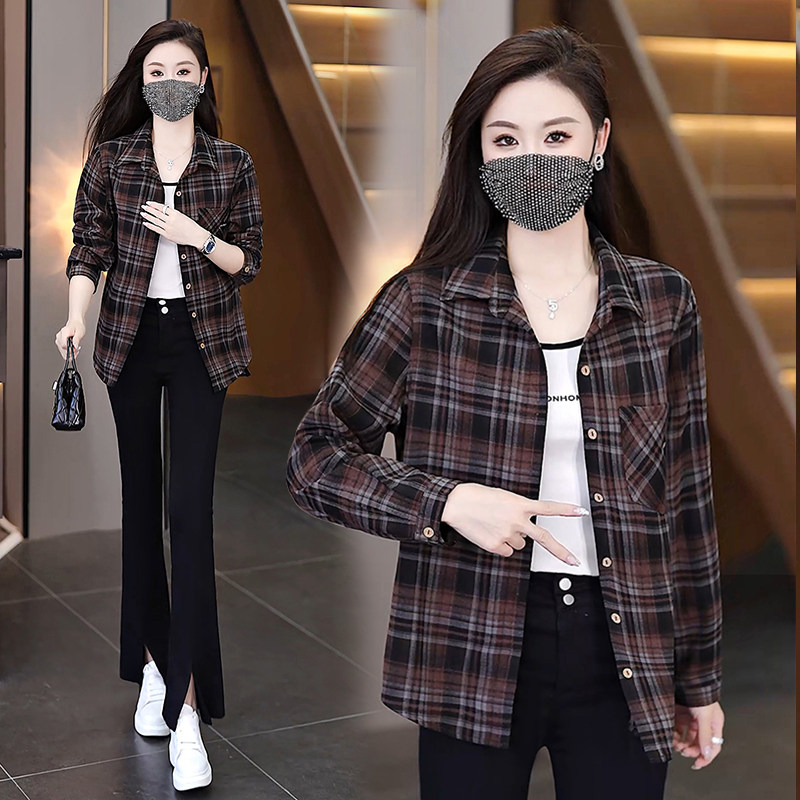 女加厚磨毛中长款格子衬衫宽松款